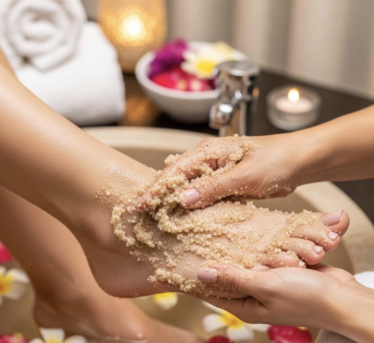 Exfoliating scrub being applied to a foot