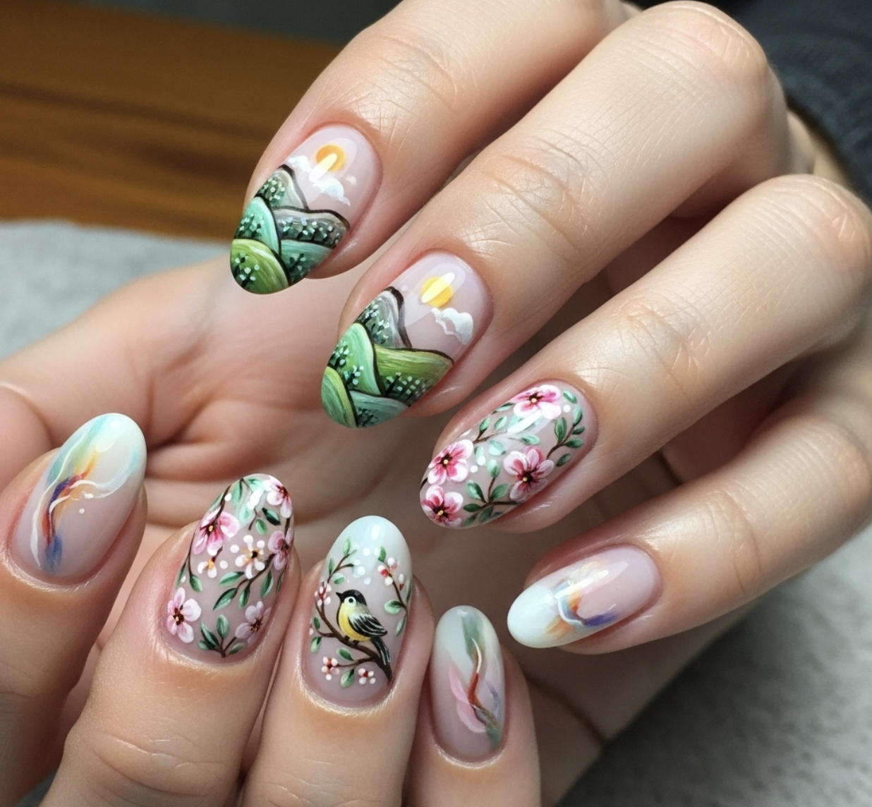 Nail technician hand-painting a design
